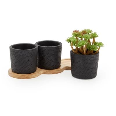 Farmlyn Creek 4 Piece Set Round Black Cement Planter Indoor Outdoor With Modern Wood Base, 8.8 X 3.15 X 2.67 In 4 Farmlyn Creek 4 Piece Set Round Black Cement Planter Indoor Outdoor With Modern Wood Base, 8.8 X 3.15 X 2.67 In - Image 2