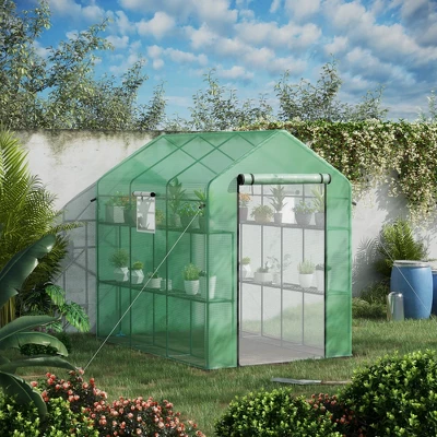 Outsunny 2-Tier Shelf Greenhouse With Door, Windows, PE Cover, Steel Frame For Outdoor Garden Plant & Plant Use, 84.25" X 56.25" X 76.75", Green 4 Outsunny 2-Tier Shelf Greenhouse With Door, Windows, PE Cover, Steel Frame For Outdoor Garden Plant & Plant Use, 84.25" X 56.25" X 76.75", Green - Image 2