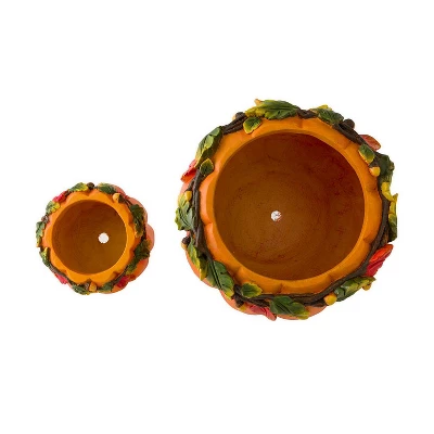 Evergreen Plow & Hearth Indoor/Outdoor Fall Orange Pumpkin Planters In Weather-Safe Resin With Drain Hole, Set Of 2, 8" Dia. X 6"H And 15" Dia. X 12"H 5 Evergreen Plow & Hearth Indoor/Outdoor Fall Orange Pumpkin Planters In Weather-Safe Resin With Drain Hole, Set Of 2, 8" Dia. X 6"H And 15" Dia. X 12"H - Image 3