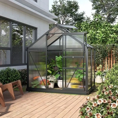 Outsunny Polycarbonate Greenhouse, Heavy Duty Outdoor Aluminum Walk-in Green House Kit With Vent & Door For Backyard Garden, Gray 3 Outsunny Polycarbonate Greenhouse, Heavy Duty Outdoor Aluminum Walk-in Green House Kit With Vent & Door For Backyard Garden, Gray