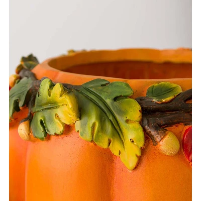 Evergreen Plow & Hearth Indoor/Outdoor Fall Orange Pumpkin Planters In Weather-Safe Resin With Drain Hole, Set Of 2, 8" Dia. X 6"H And 15" Dia. X 12"H 4 Evergreen Plow & Hearth Indoor/Outdoor Fall Orange Pumpkin Planters In Weather-Safe Resin With Drain Hole, Set Of 2, 8" Dia. X 6"H And 15" Dia. X 12"H - Image 2
