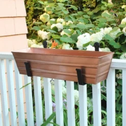 22" Wide Rectangular Flower Box Copper Plated Galvanized Steel With Black Wrought Iron Clamp-On Brackets - ACHLA Designs