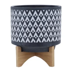 Sagebrook Home With Wooden Stand Aztec Ceramic Planter Pots Gray -Sunnydaze Store GUEST 37a74867 90dc 416e 9c67 40f9b544f005