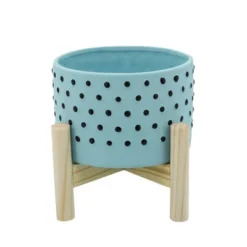 Sagebrook Home 6" Wide Dotted Ceramic Planter Pot With Wood Stand Blue