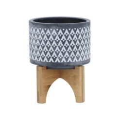 Sagebrook Home With Wooden Stand Aztec Ceramic Planter Pots Gray -Sunnydaze Store GUEST 529c1b24 f50c 495d 9dba 06b98edb7334