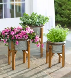 Plow & Hearth Galvanized Planters With Wooden Stands, Set Of 3