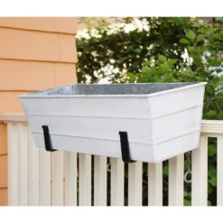 ACHLA Designs 24" Wide Rectangular Flower Box Galvanized Steel With Black Wrought Iron Clamp-On Brackets Whitewashed