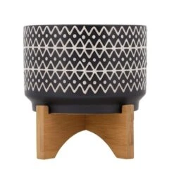 Sagebrook Home 7" Wide Abstract Pattern Round Ceramic Planter Pot With Wood Stand -Sunnydaze Store GUEST 62a4f7cc a650 4639 9262 a586906c8ec6