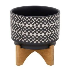 Sagebrook Home 7" Wide Abstract Pattern Round Ceramic Planter Pot With Wood Stand