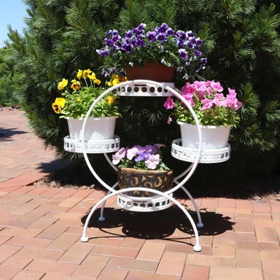 Sunnydaze Decor Sunnydaze Indoor/Outdoor Steel 4-Tiered Ferris Wheel Potted Flower Plant Stand Display - 28" - White 3 Sunnydaze Decor Sunnydaze Indoor/Outdoor Steel 4-Tiered Ferris Wheel Potted Flower Plant Stand Display - 28" - White