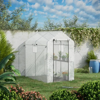 Outsunny 47.25" X 73.25" X 74.25" Walk-in Greenhouse, Outdoor Portable Plant Growing Area With Mesh Protected Roll-up Door & Window, 4 Shelves, White 4 Outsunny 47.25" X 73.25" X 74.25" Walk-in Greenhouse, Outdoor Portable Plant Growing Area With Mesh Protected Roll-up Door & Window, 4 Shelves, White - Image 2