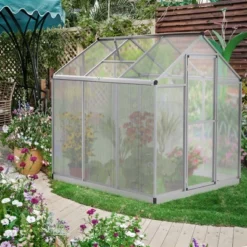 Outsunny Walk-In Polycarbonate Greenhouse With Roof Vent For Ventilation & Rain Gutter, Hobby Greenhouse For Winter