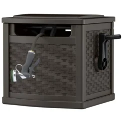 Suncast 150 Foot Slide Trak Outdoor Garden Wicker Resin Water Hose And Reel Hideaway With Brass Connections For Patio Or Backyard, Java