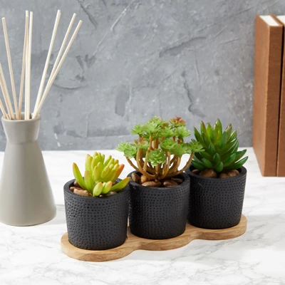 Farmlyn Creek 4 Piece Set Round Black Cement Planter Indoor Outdoor With Modern Wood Base, 8.8 X 3.15 X 2.67 In 3 Farmlyn Creek 4 Piece Set Round Black Cement Planter Indoor Outdoor With Modern Wood Base, 8.8 X 3.15 X 2.67 In