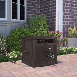 Suncast 150 Foot Slide Trak Outdoor Garden Wicker Resin Water Hose And Reel Hideaway With Brass Connections For Patio Or Backyard, Java -Sunnydaze Store GUEST e0737a96 b215 40c3 8f6c 1a8340e4a3b4