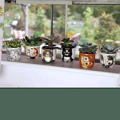 Window Garden Cat Planter Pot Set - 6 Mini 3" Succulent Kitty Pots 3 Window Garden Cat Planter Pot Set - 6 Mini 3" Succulent Kitty Pots