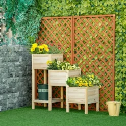 Outsunny 49'' X 18'' X 43'' 3-Tier Raised Garden Bed W/ Storage Shelf, Wood Raised Garden Boxes, Freestanding Wooden Plant Stand