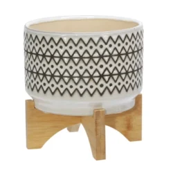 Sagebrook Home 7" Wide Abstract Pattern Round Ceramic Planter Pot With Wood Stand -Sunnydaze Store GUEST efe8ce68 2997 4740 aea5 041b1d172f2e