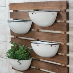 Rustic Slat Wood Wall Planter With Four Distressed White Enamel Pots - Foreside Home & Garden